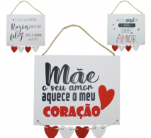 ENFEITE PLACA COM 4 CORACAO DE MADEIRA MDF FRASES