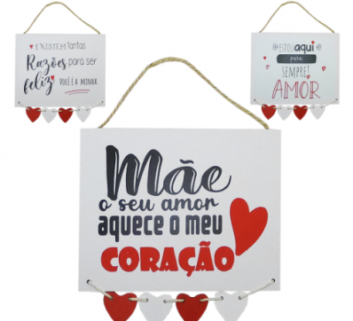 ENFEITE PLACA COM 4 CORACAO DE MADEIRA MDF FRASES