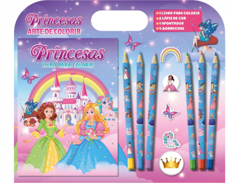 LIVRO PRINCESAS ARTE DE COLORIR COM 6 LAPIS DE COR + APONTADOR E 4 BORRACHAS